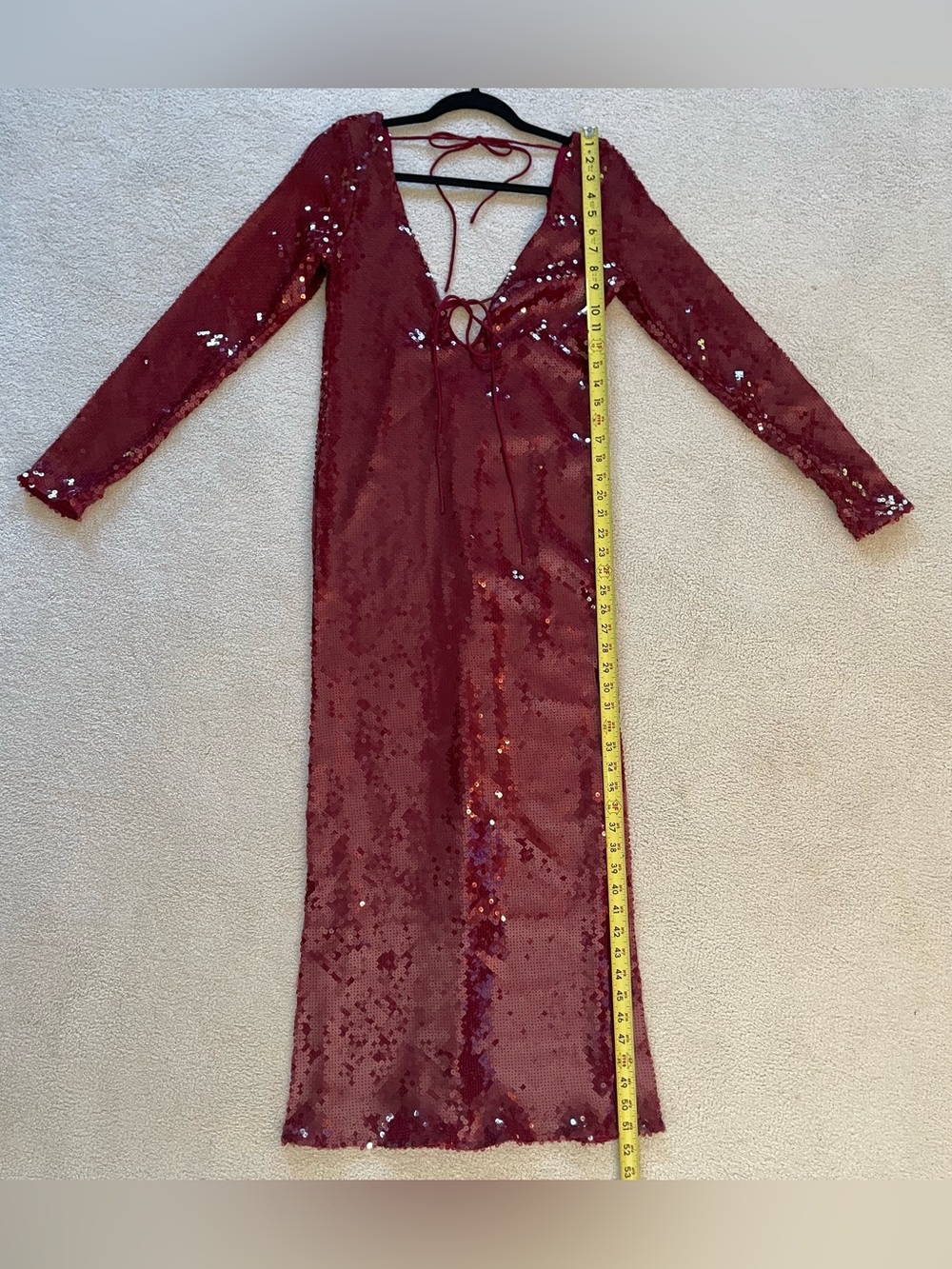 Bardot Rose Red Sequin Long-Sleeve V-Neck Gown - Picture 3 of 6